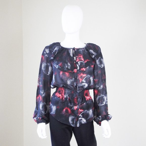 MISS TINA BLACK AND RED FLORAL RUFFLE FRONT LONG SLEEVE BLOUSE - SZ 8/10 - Picture 2 of 6